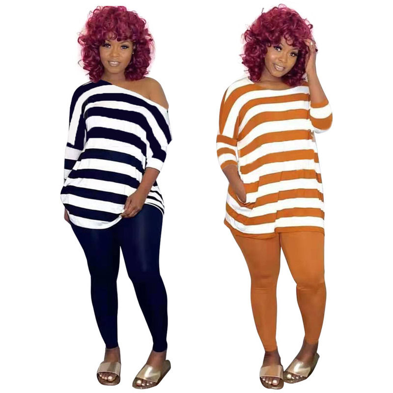 2021 Anti-UV Casual 2 Piece Set Stripe Leisure Off Shoulder Set Top And Pants Set Running Abiti da jogging