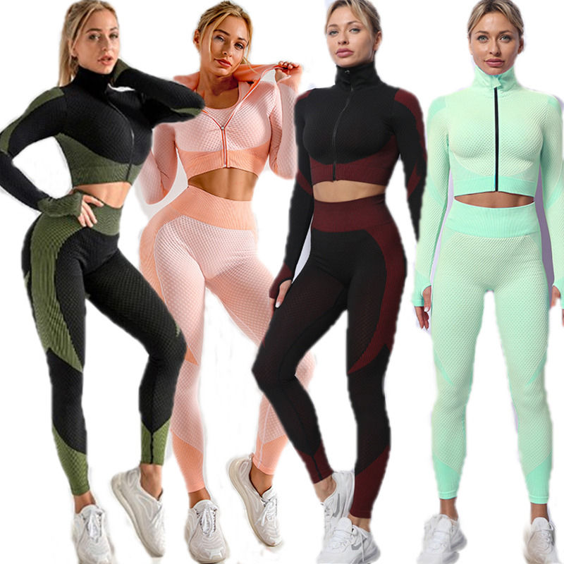 2021 Nuovo antibatterico 3 pezzi Set Corrente Corrente Abbigliamento Sportivo Giacca Tank Top Donne Skninny E Pantaloni Abbigliamento Yoga