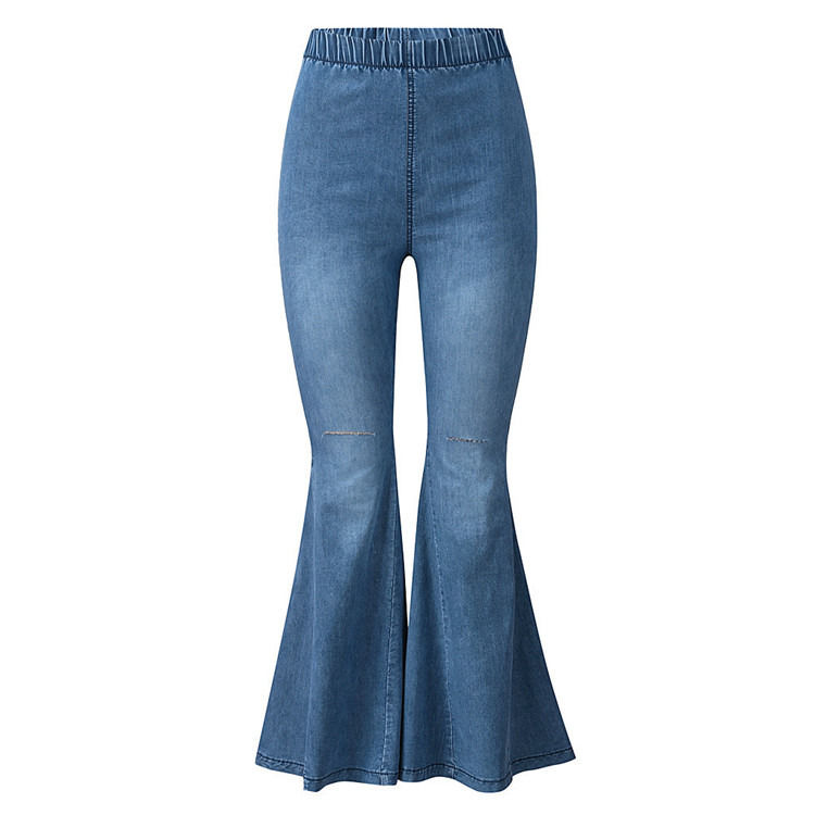 Color Fade Proof Alta vita elastica vita ginocchio strappato campana Bottom donne jeans pantaloncini