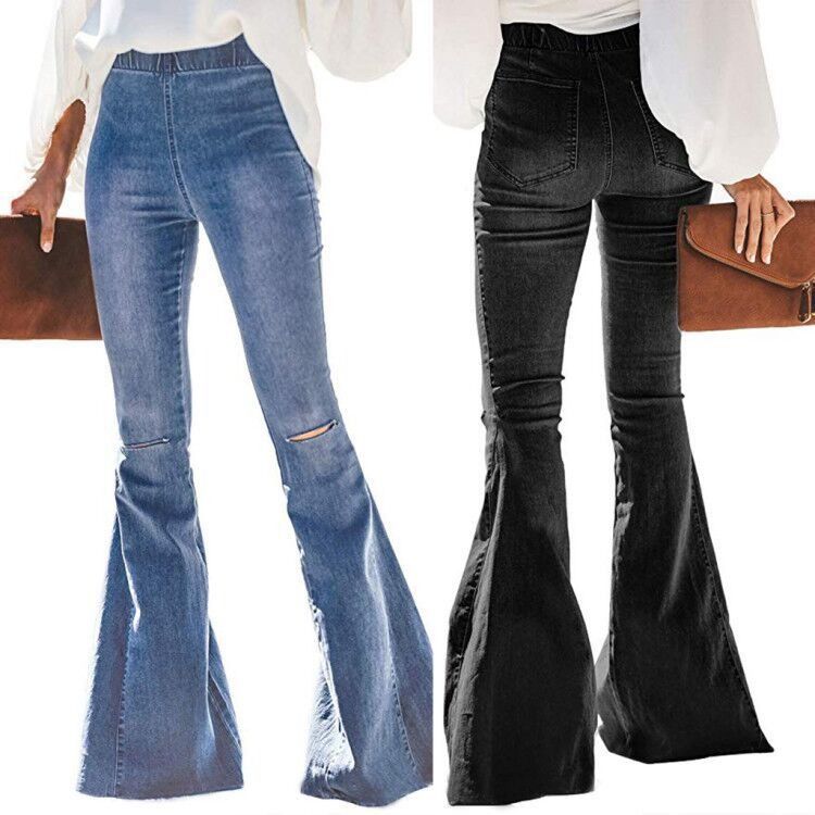 Color Fade Proof Alta vita elastica vita ginocchio strappato campana Bottom donne jeans pantaloncini