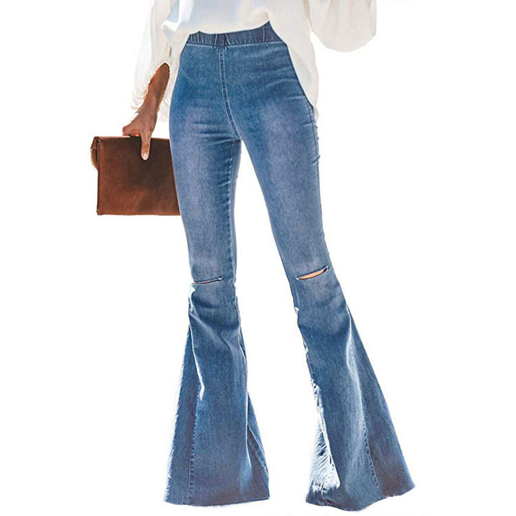 Color Fade Proof Alta vita elastica vita ginocchio strappato campana Bottom donne jeans pantaloncini