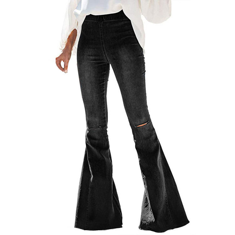 Color Fade Proof Alta vita elastica vita ginocchio strappato campana Bottom donne jeans pantaloncini