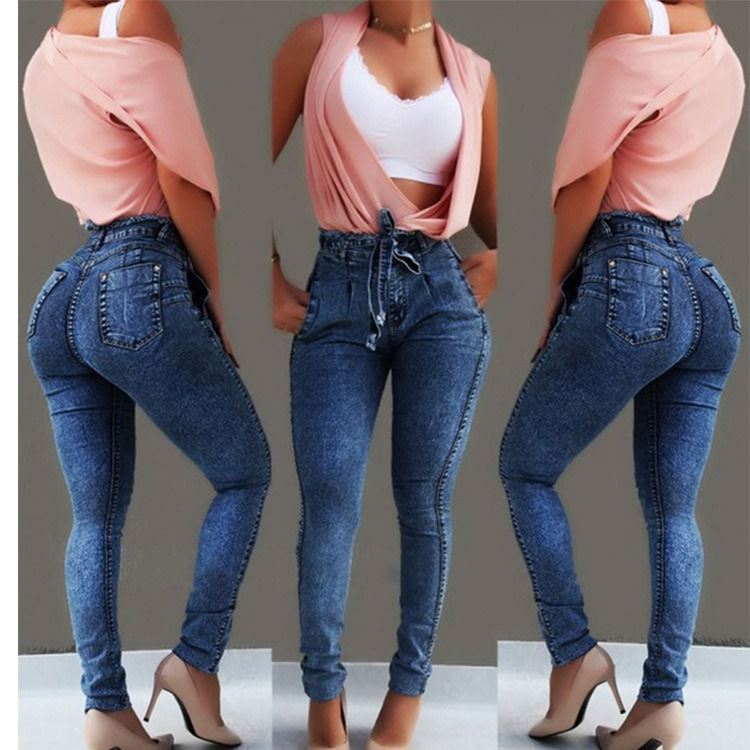 cinturino Tassel Color Fade Proof di alta qualità High Waisted Skinny Pencil Jeans Donna Jeans Elastici