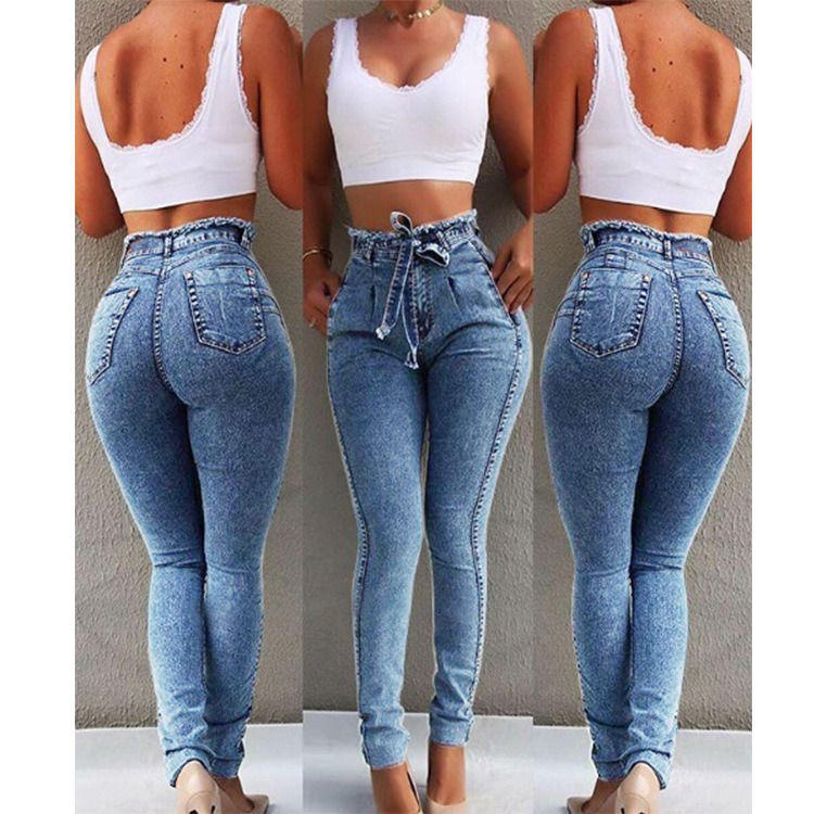 cinturino Tassel Color Fade Proof di alta qualità High Waisted Skinny Pencil Jeans Donna Jeans Elastici