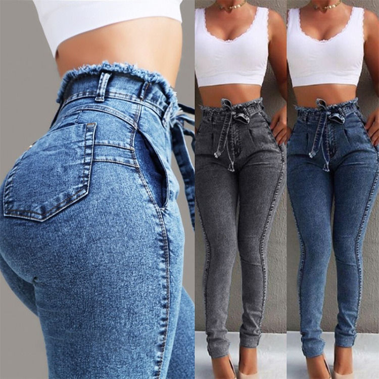 cinturino Tassel Color Fade Proof di alta qualità High Waisted Skinny Pencil Jeans Donna Jeans Elastici