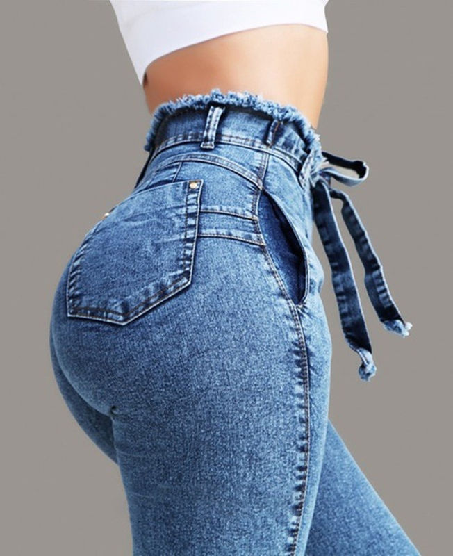 cinturino Tassel Color Fade Proof di alta qualità High Waisted Skinny Pencil Jeans Donna Jeans Elastici