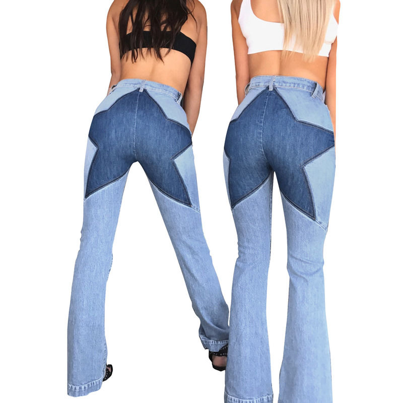 Color Fade Proof Patchwork di buona qualità jeans hip star cucitura stretch pantaloni sfiorati pantaloni da donna lunghi