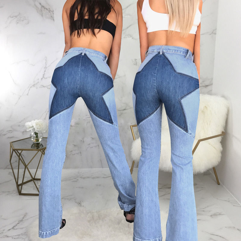 Color Fade Proof Patchwork di buona qualità jeans hip star cucitura stretch pantaloni sfiorati pantaloni da donna lunghi