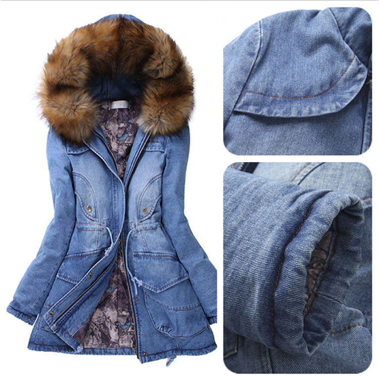 Collare di pelliccia 2020 Giacca denim invernale impermeabile Grosso cotone imbottito Jeans con cappuccio cappotto donne