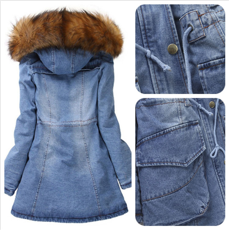 Collare di pelliccia 2020 Giacca denim invernale impermeabile Grosso cotone imbottito Jeans con cappuccio cappotto donne