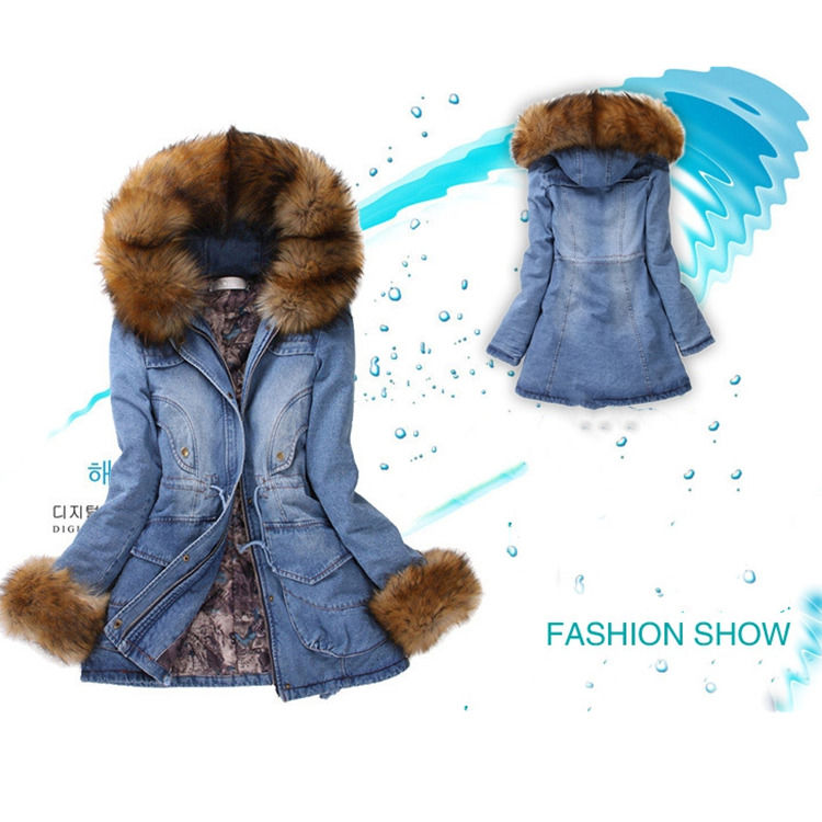 Moda colletto di pelliccia spessa cotone imbottito giacca denim invernale cappuccio jeans impermeabile cappotto donne