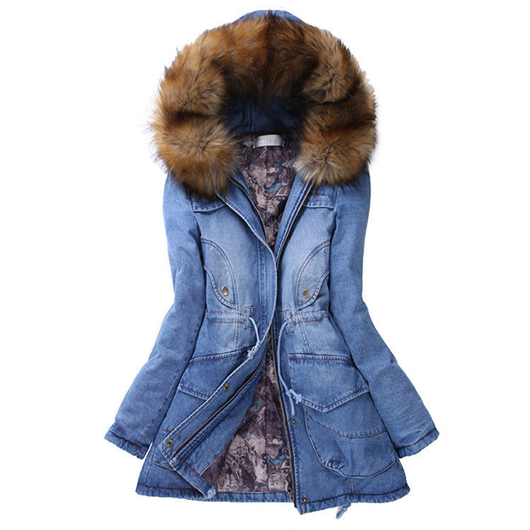 Moda colletto di pelliccia spessa cotone imbottito giacca denim invernale cappuccio jeans impermeabile cappotto donne