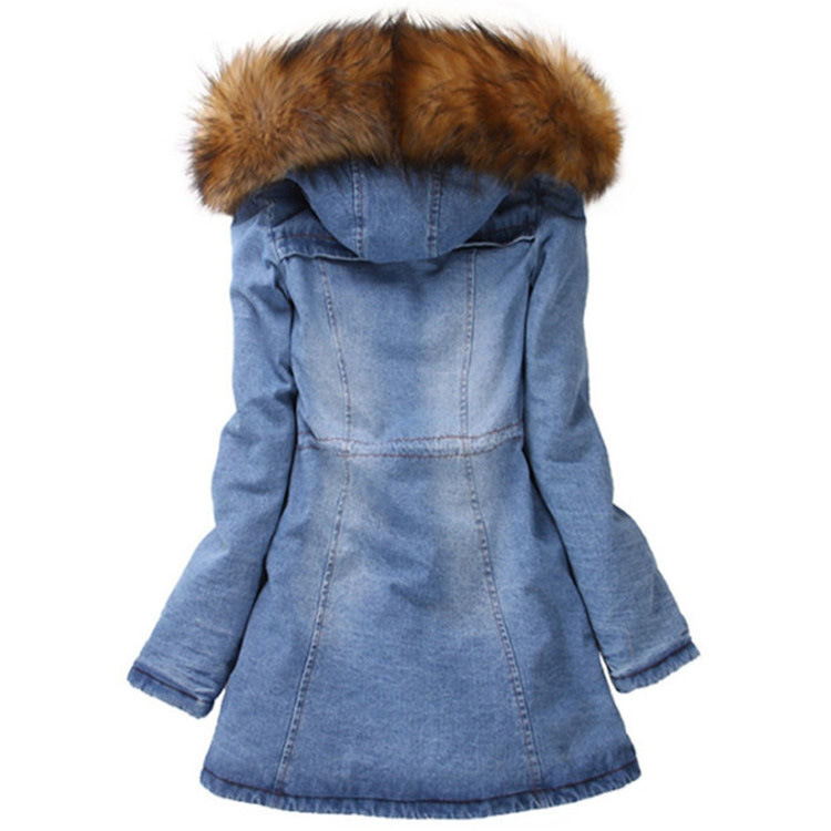 Moda colletto di pelliccia spessa cotone imbottito giacca denim invernale cappuccio jeans impermeabile cappotto donne