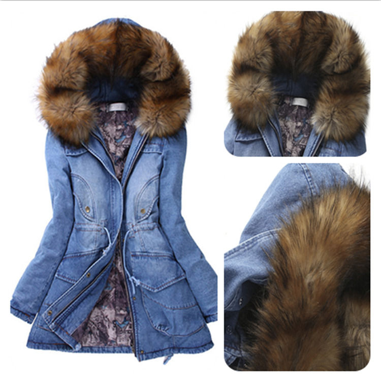 Moda colletto di pelliccia spessa cotone imbottito giacca denim invernale cappuccio jeans impermeabile cappotto donne