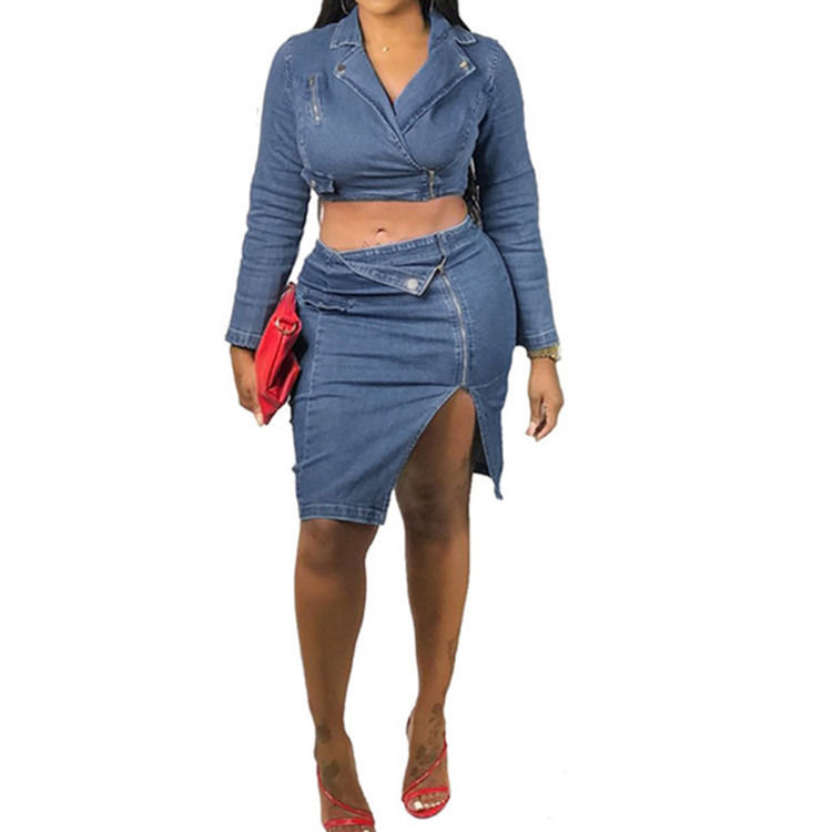 Stile di moda e taglia piu'sexy gonna a reticolo in denim con set superiore due pezzi set gonna casual a reticolo